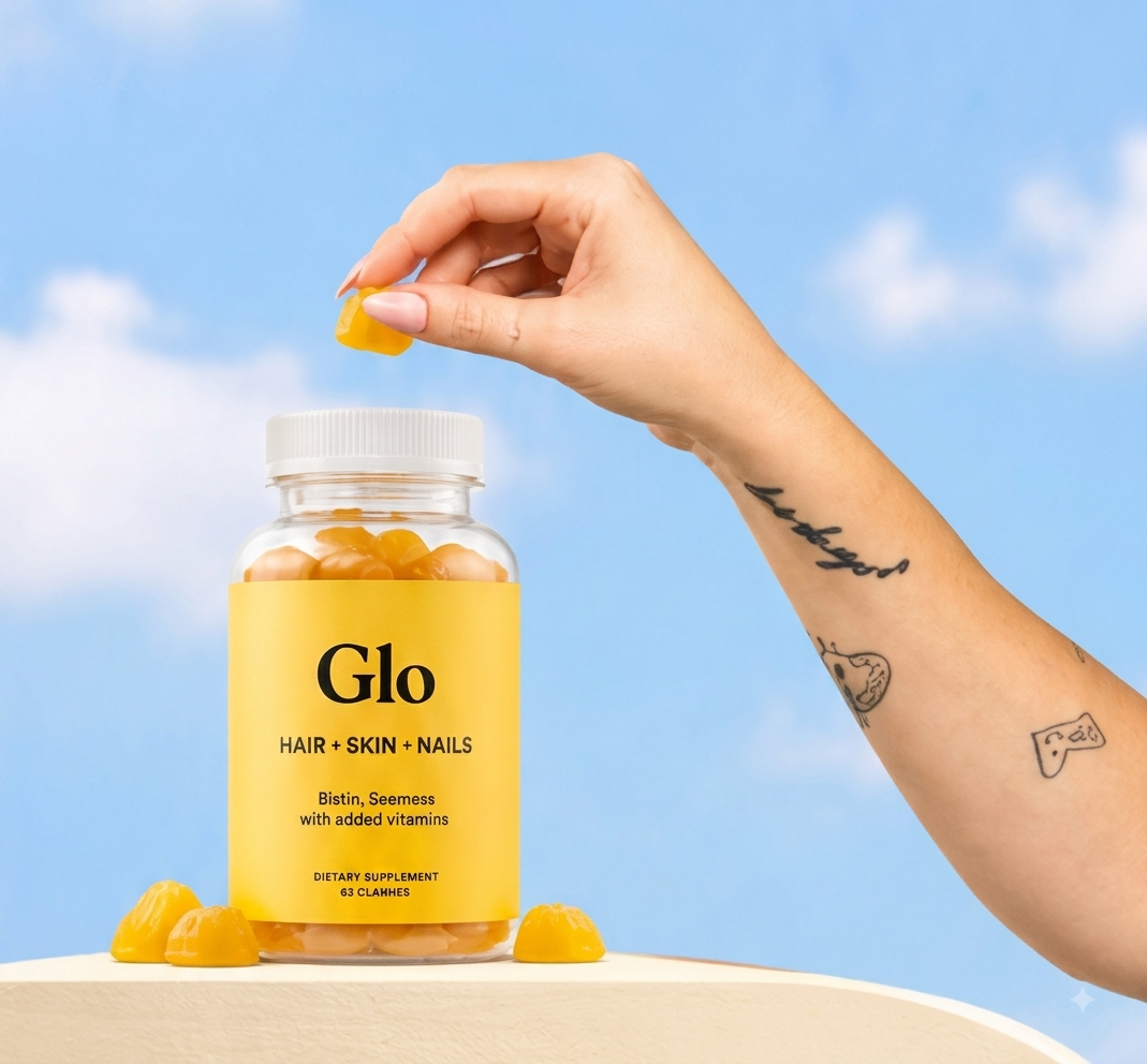 Glo Hair, Skin and Nails gummies jar held by hand above podium